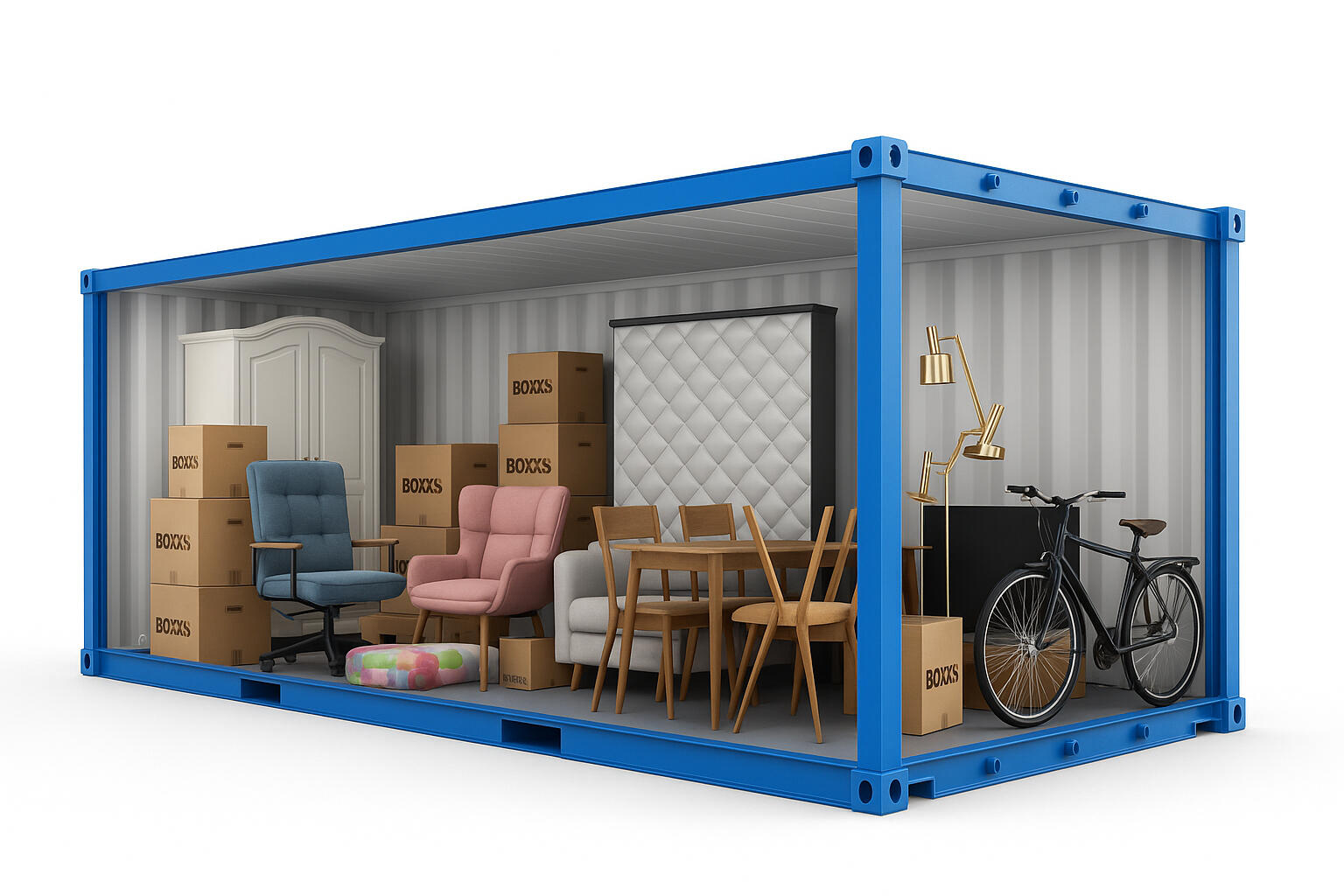 Cutaway View showing what can fit in a Boxxs 20ft container