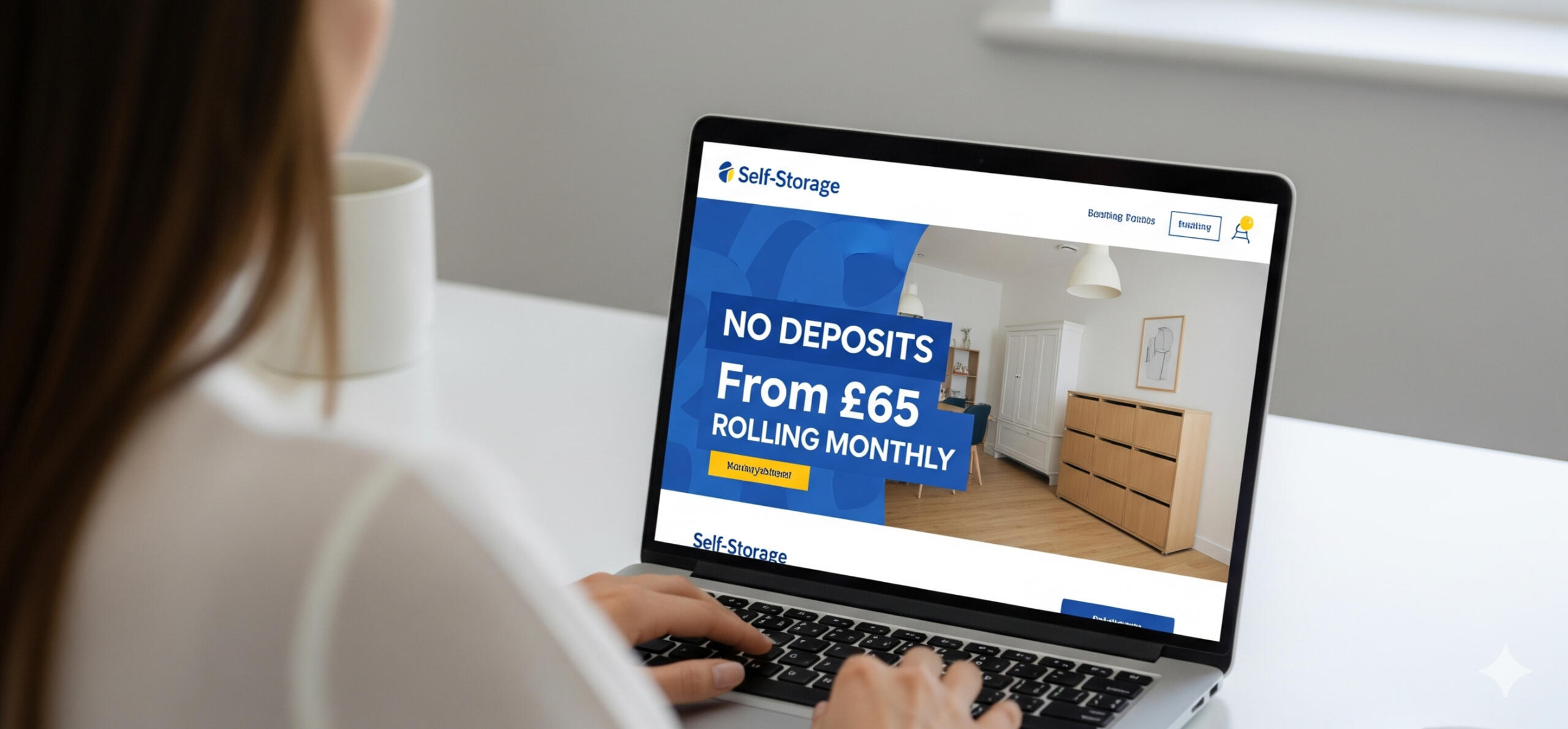 Woman booking a self storage unit online Woman using a laptop to book a self storage unit online, showing how simple and convenient digital booking for units in Linlithgow & Bo'ness.