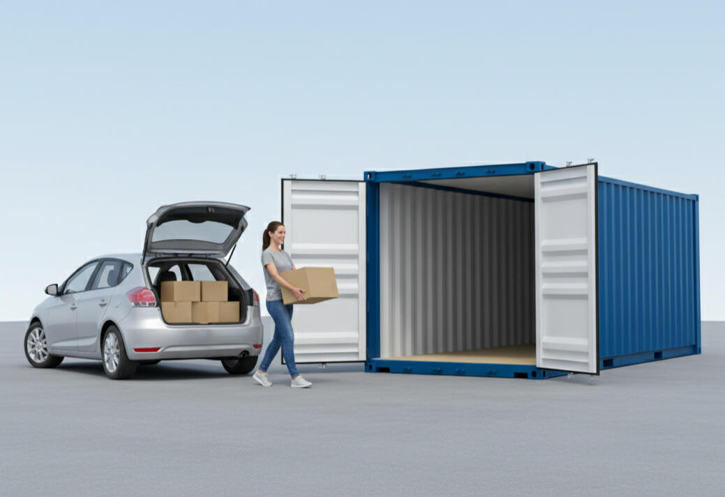 Woman unloading boxes into a self storage container Woman unloading household boxes into a self storage container, providing secure storage.