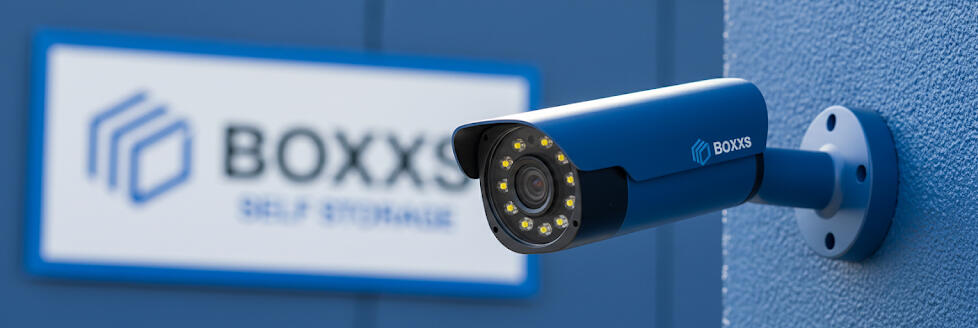 Modern CCTV security camera with Boxxs Self Storage logo at the Linlithgow site, ensuring 24/7 protection for West Lothian and Falkirk customers