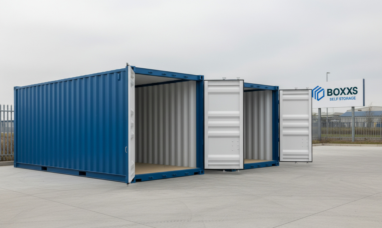 Two brand-new Boxxs self storage containers with doors open, providing clean and secure storage in West Lothian and Falkirk s