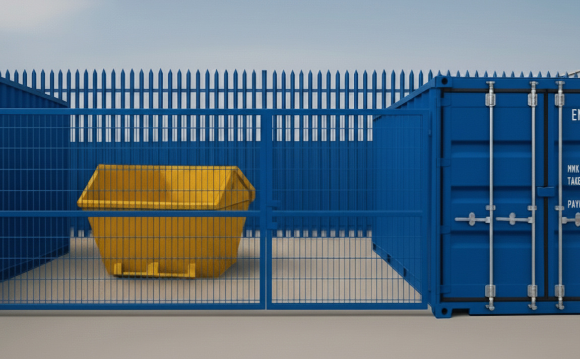 Micro Yard with 20ft container and yellow skip in secure yard Micro Yard in Linlithgow showing a 20ft self storage container with a yellow skip in the fenced yard, ideal for trades and businesses.